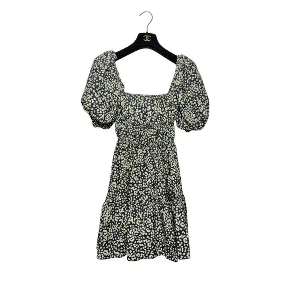 Matteau Shirred Peasant Puff Sleeve Mini Dress Midnight Daisy Cotton Size 2 US - Picture 6 of 10